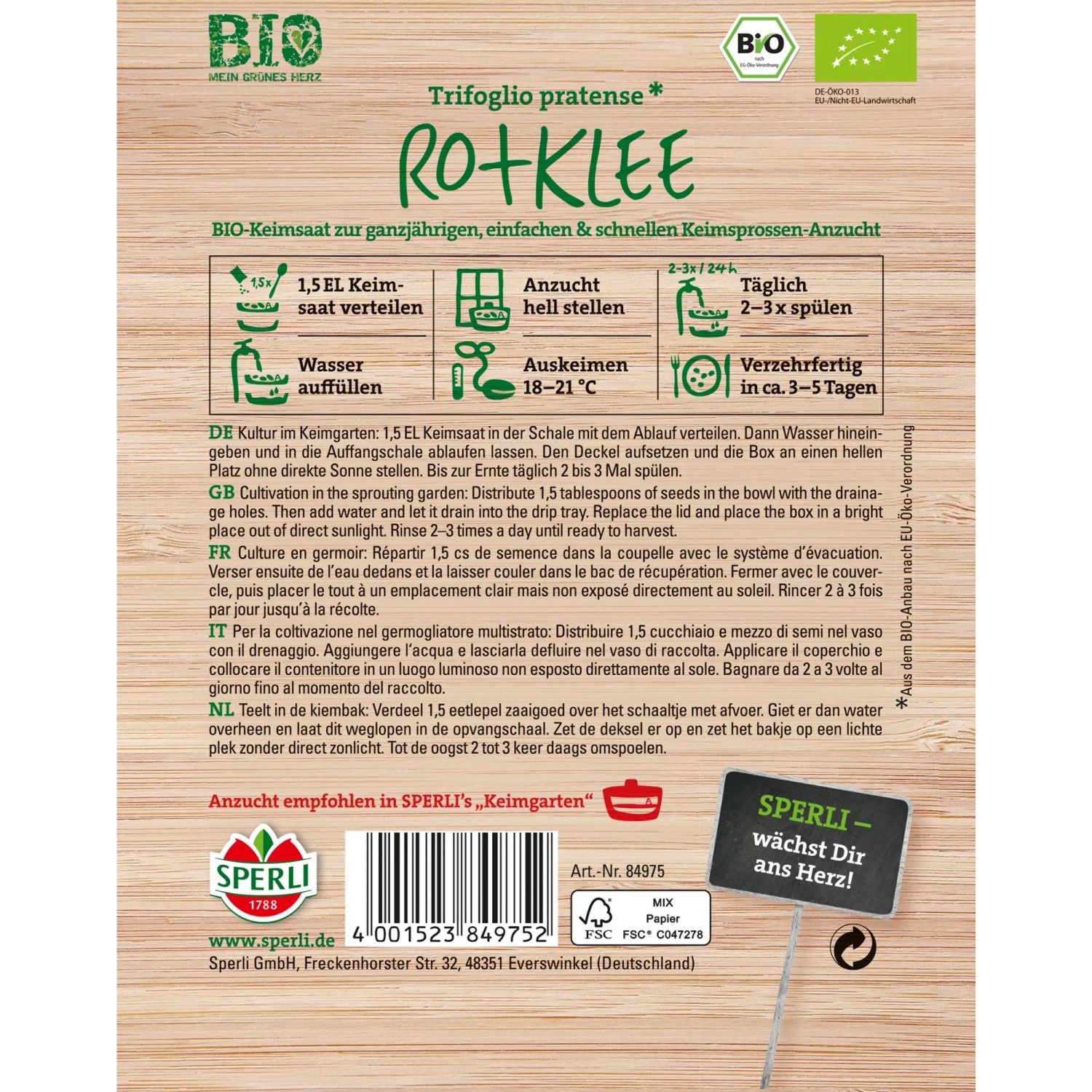 Sperli Bio-Rotklee Grünsprossen-Samen für die Anzucht milder, nussiger Sprossen.