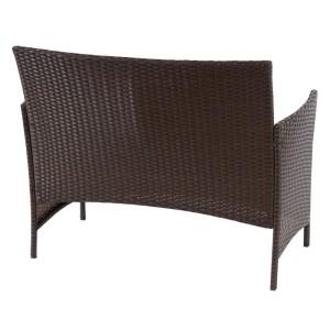 Braun-meliertes Poly-Rattan Gartenbank Hamar mit grünen Kissen, Rückansicht.