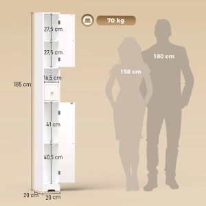 Weißer, schlanker HOMCOM MDF Badezimmerschrank, 185 cm hoch, mit Schränken, Schublade und offenen Fächern.