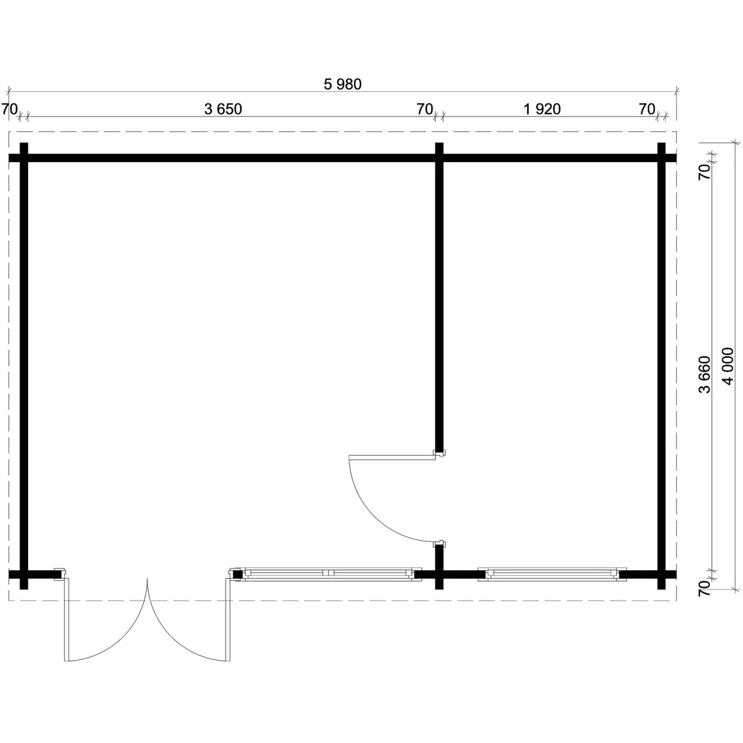 Grundriss Carlsson Gartenhaus Atrium-E, Pultdach, unbehandelt, 578x371cm, Holz-Gartenhaus mit Maßen.