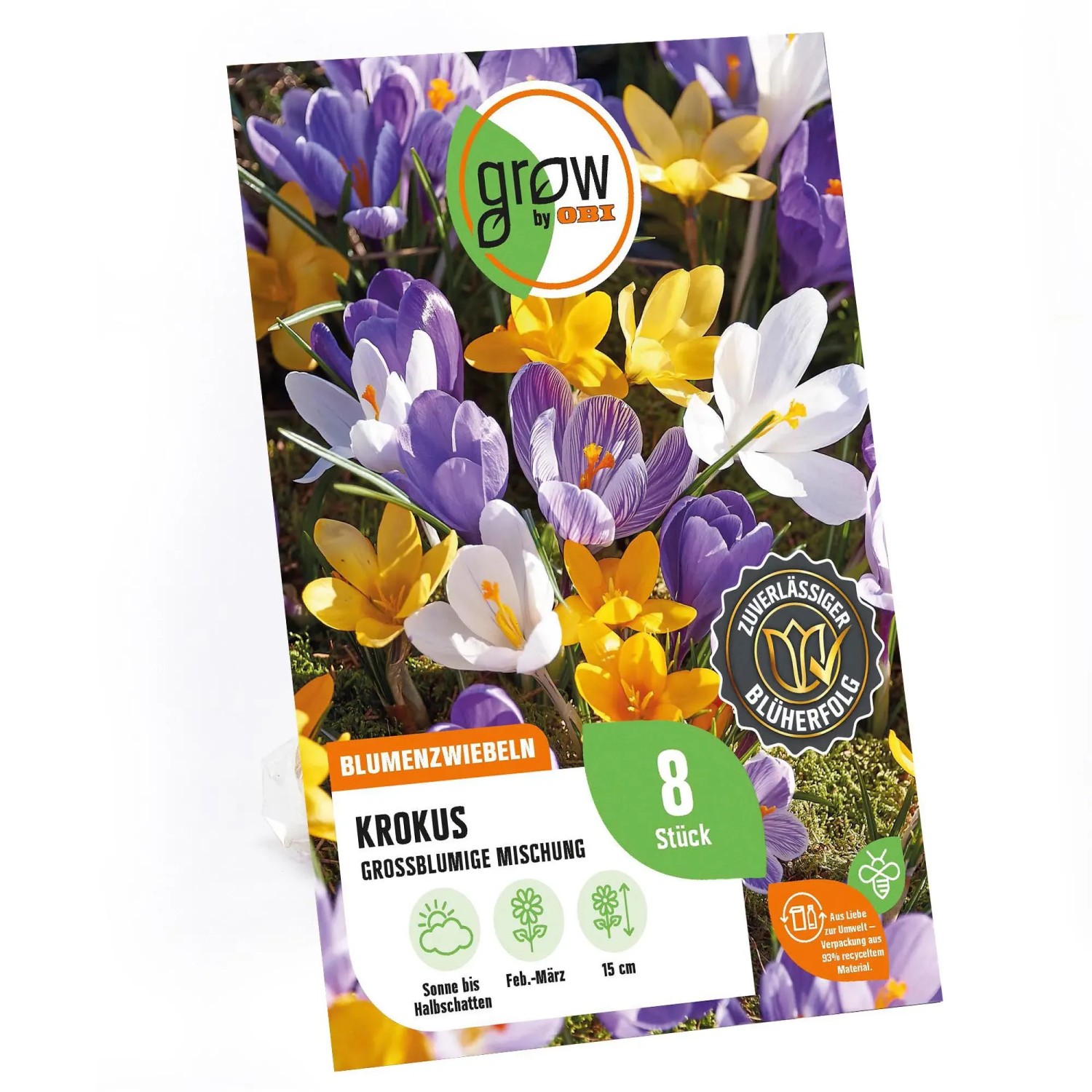 Verpackung großblumiger Krokus-Mischung von GROW by OBI mit lila, gelben und weißen Blüten.