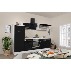 Respekta Premium Küchenzeile 280 cm in Schwarz Hochglanz-Weiß mit E-Geräten.