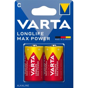Varta Longlife Max Power C Batterien, 2er-Pack. Alkaline-Batterien in gelb-rotem Design.