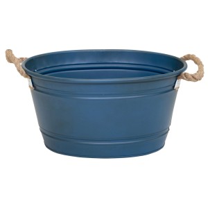 Blaue, ovale Zinkwanne Beat mit Seilgriffen, 25x42x64 cm, ideal als Pflanzkübel.