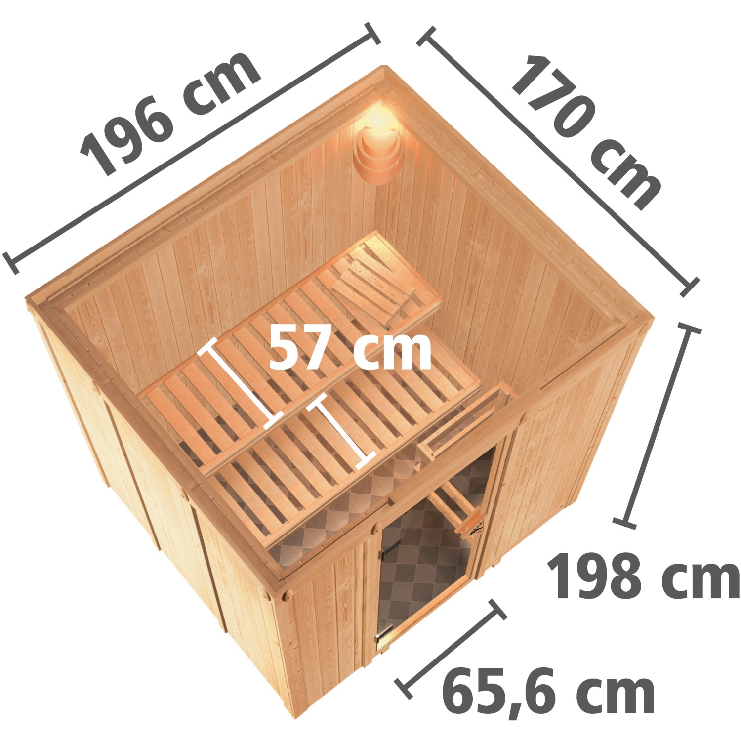 Karibu Sauna Dilja: Elementsauna mit Ofen, Bänken und Tür, Draufsicht mit Maßangaben.