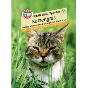 Sperli Katzengras Mini-Tiger-Gras Packung mit Katzenmotiv. Ergänzungsfutter für Katzen.