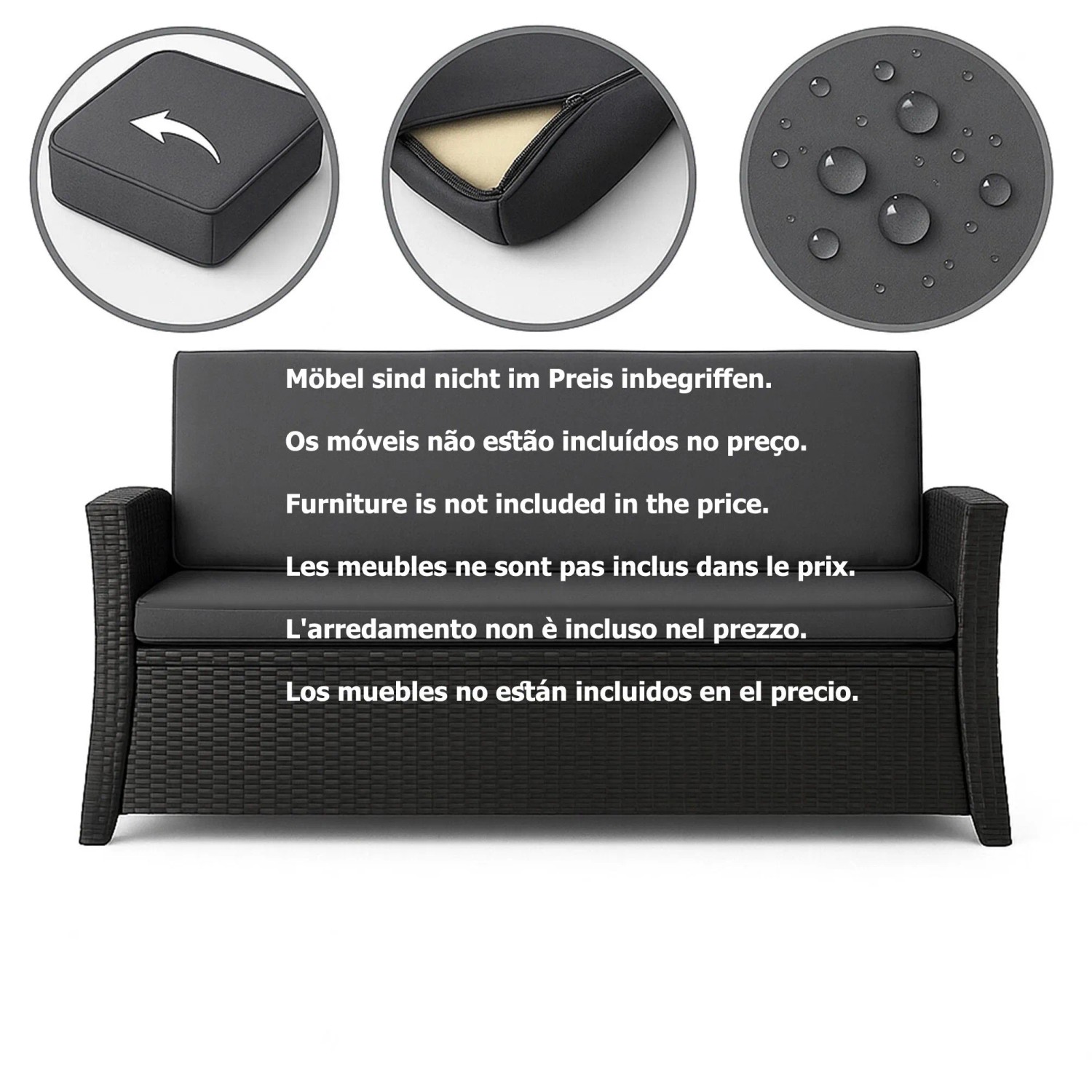 Anthrazitfarbenes Gartenkissen-Set (110x60x50 cm) für 2-Sitzer Polyrattan Gartensofa.