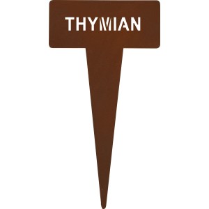 Rostfarbener Kräuterstecker aus Metall, beschriftet mit "Thymian", 15 cm hoch. Gartendekoration.