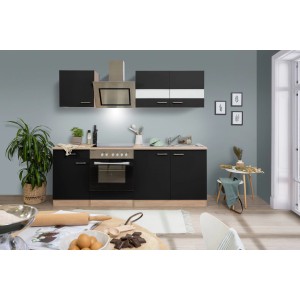 Respekta Economy Küchenzeile KB210ESSSC, 210 cm, Schwarz und Eiche Sägerau mit E-Geräten.
