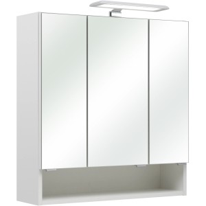 Pelipal Spiegelschrank, weiß glänzend, 65 cm breit, mit 3 Spiegeltüren, Ablagefach und Aufsatzleuchte.