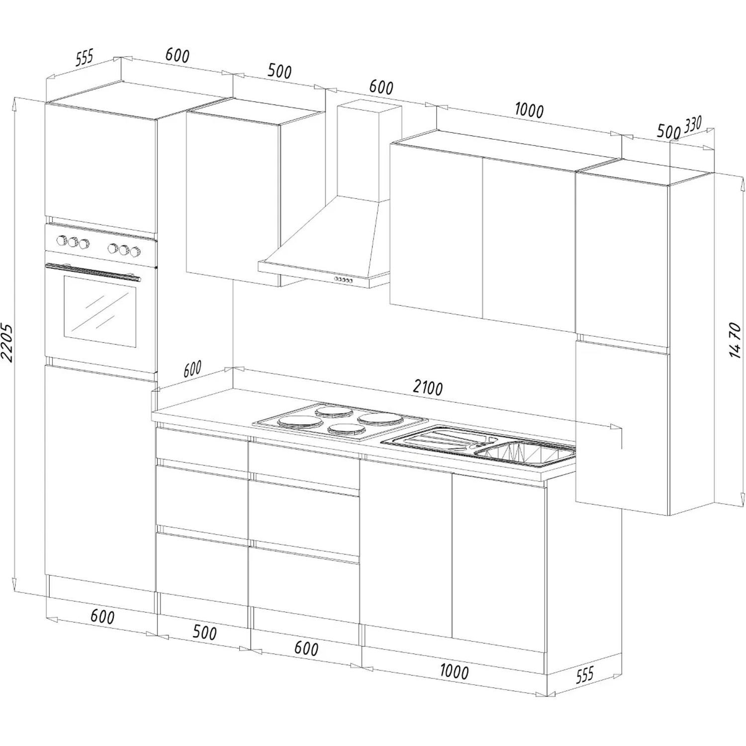 Skizze einer weißen, grifflosen Respekta Küchenzeile (320 cm) ohne E-Geräte mit Maßen.