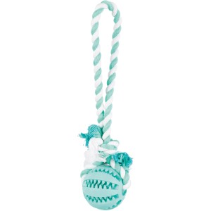 Jollypaw Ball am Seil, Kauspielzeug aus Naturgummi mit Baumwollseil in Türkis und Weiß.