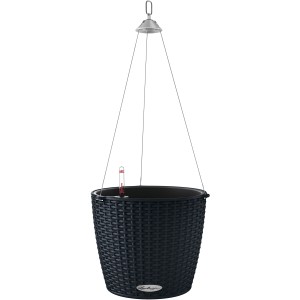 Graphitschwarze Lechuza Hängeampel Nido Cottage mit Bewässerungssystem und Edelstahlaufhängung.