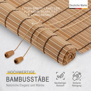Gerolltes Sol Royal Bambusrollo in Teak-Optik mit Zugschnüren. Hochwertige, breite Lamellen für Stabilität und Langlebigkeit.