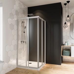 Breuer Eckeinstieg Fara 4 mit Schiebetür, Silber matt, Klarglas, 70-80 cm im Badezimmer.