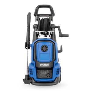 Blauer Hyundai Hochdruckreiniger HPW2000CE mit Schlauchtrommel und Teleskopgriff.
