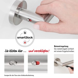 Hand betätigt Novadoors Nova Amico Smart2Lock Türgriffgarnitur Edelstahl mit Verriegelung und Notentriegelung.