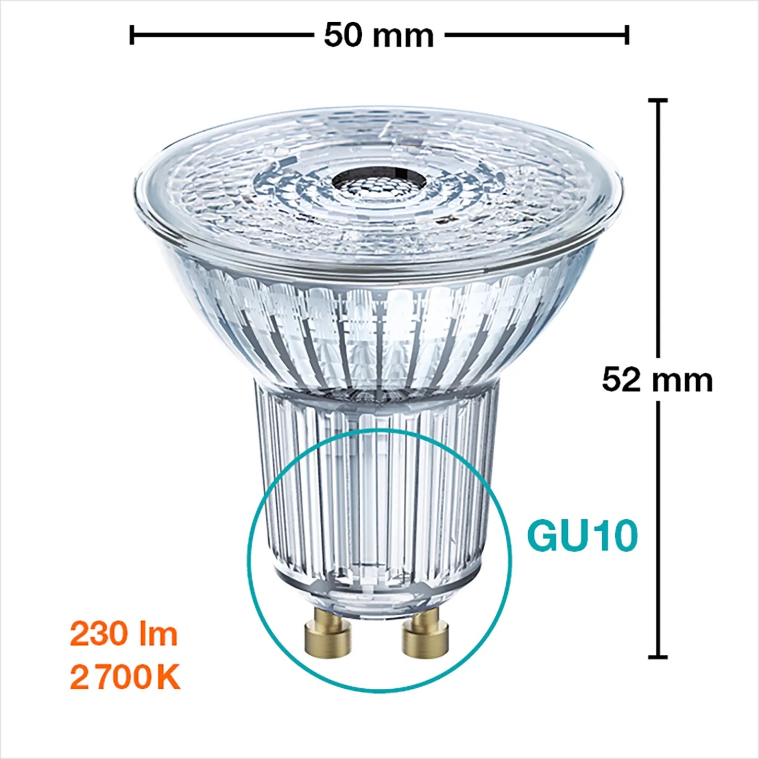 Osram GU10 LED Leuchtmittel, 2,6 W, warmweißes Licht, nicht dimmbar, 5 cm Durchmesser.
