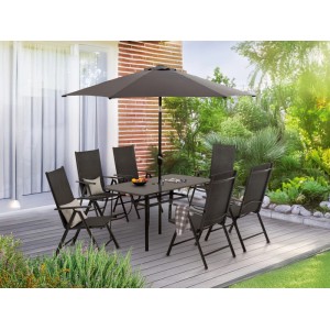 8-teilige Sitzgruppe Townsville in Anthrazit mit Tisch, Stühlen und Sonnenschirm für den Garten.