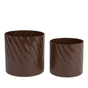 Zweiteiliges Decoris Übertopf Set in Braun, zylindrisch mit glänzender Emaille und diagonaler Rillenstruktur für Innenpflanzen.