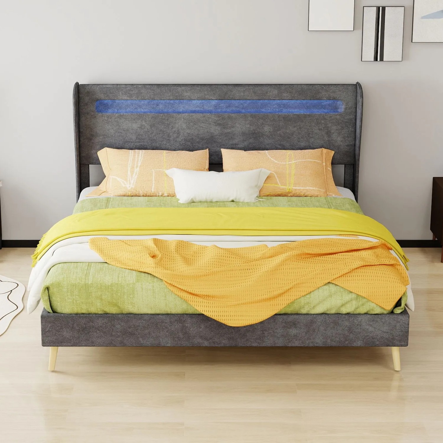 okwish Polsterbett 160x200cm mit LED Kopfteil Schlafzimmer Grau ohne Matratze_3