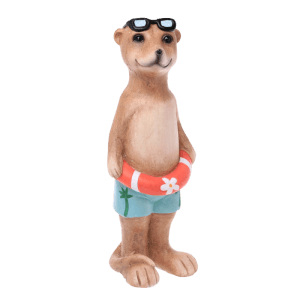 Stehendes Deko-Erdmännchen als Junge mit Schwimmring, braun, 40,5 cm hoch, für die Gartendekoration.
