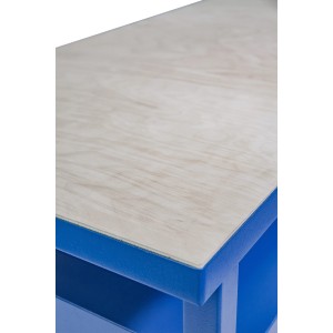 Detailansicht der Güde Werkbank P 1200 SL: Holzplatte und blaue Stahlkonstruktion.