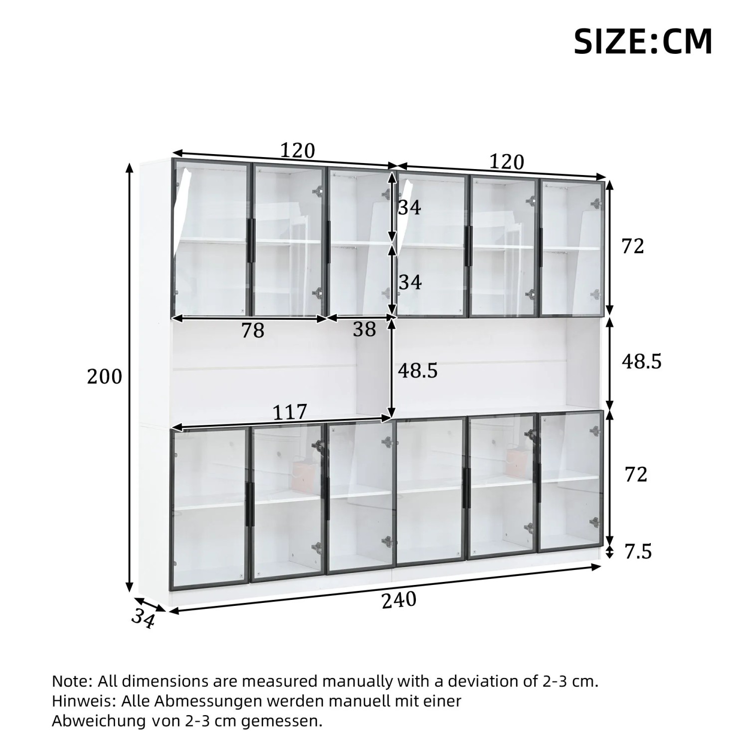 okwish Vitrine mit LED Beleuchtung Schranktüren Stauraum Wohnzimmer 240x34x200cm Weiß_5