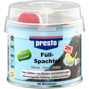 Presto Füllspachtel 250g im Metalleimer mit rotem Härter. Ideal für Lackreparatur und Karosserie.