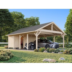 Grauer Palmako Carport Robert mit Geräteraum, Auto und Motorrad unter dem Holzdach.