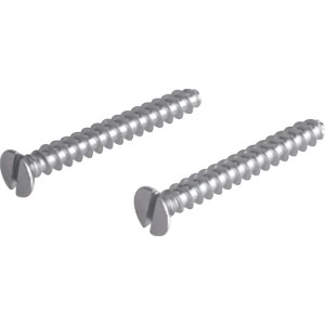 Zwei E2 Geräteschrauben, 15 mm, mit Schlitz für Schalterdosen-Zubehör.