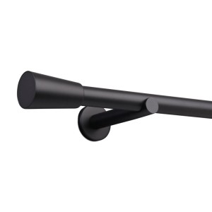 Schwarze Gardinenstange mit konischem Kegel-Endstück und Wandhalterung. 1-läufige Vorhangstange Ø 25mm für Dekoartikel.