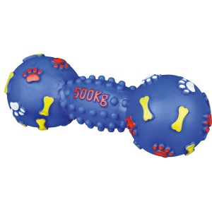 Blaue Jollypaw Hantel aus Vinyl, 19 cm, mit Knochen- und Pfotenabdruck-Motiv. Kauspielzeug für Hunde.