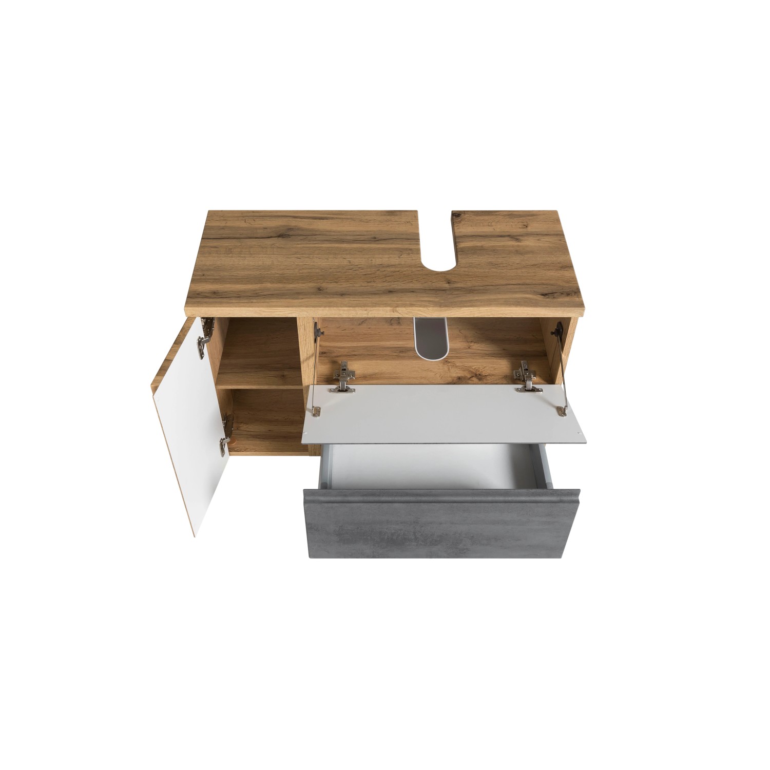 Held Möbel Unterbeckenschrank Ancona, 85 cm, Betongrau-Wotaneiche mit offenem Schrankteil und Schublade.