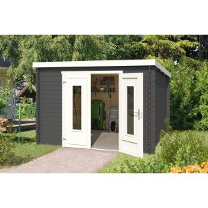 Carbongraues Lasita Holz-Gartenhaus Sacramento mit geöffneten Doppeltüren und Gartengeräten im Inneren.