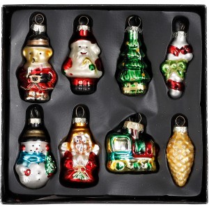 Weihnachtsdeko-Set: 8 grüne Ornamente aus Glas, z.B. Weihnachtsmann, Tannenbaum und Zug.