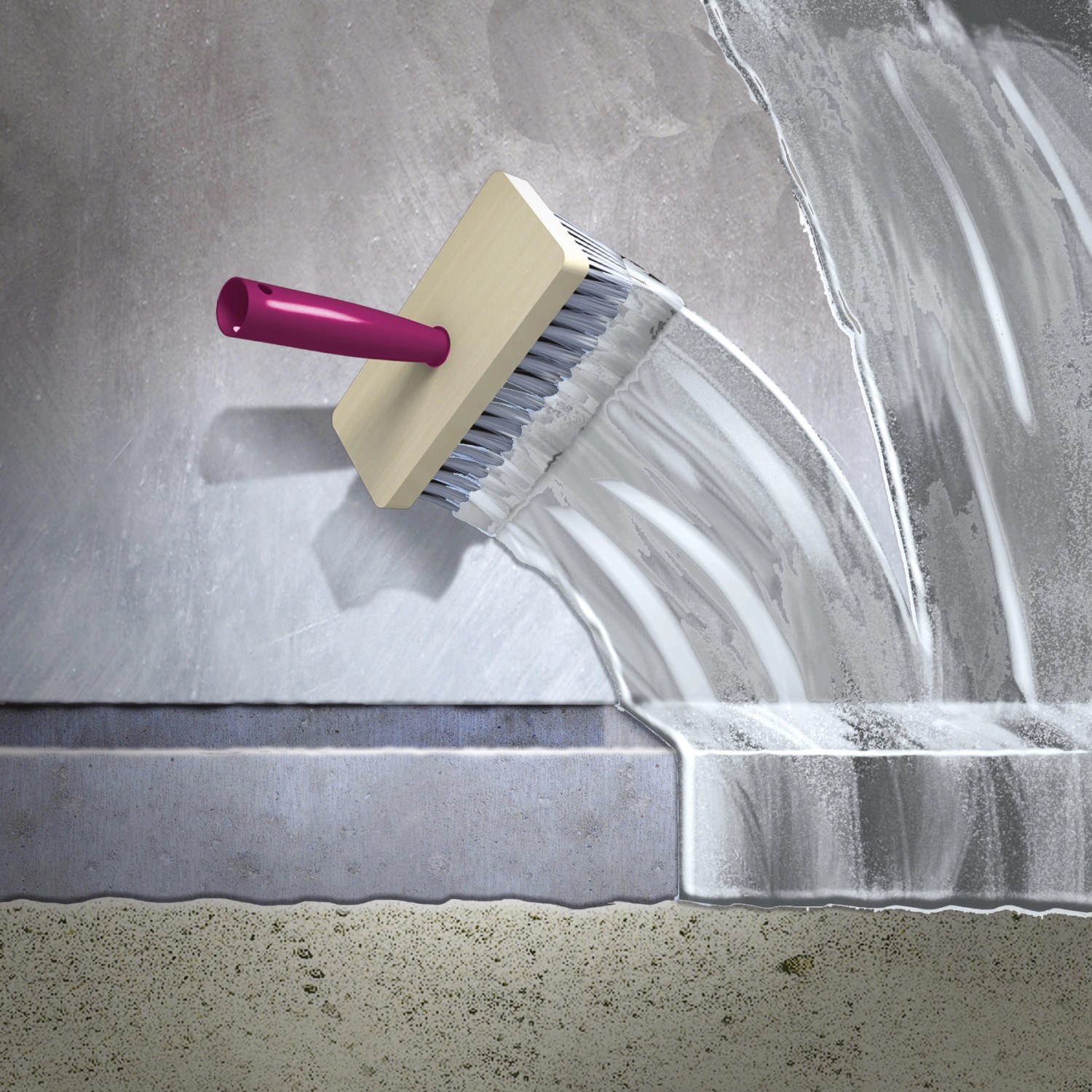 Auftragen der MEM Dicht-Schlämme (5 kg) im Nassbereich mit einem Quast. Bauabdichtung für Keller.