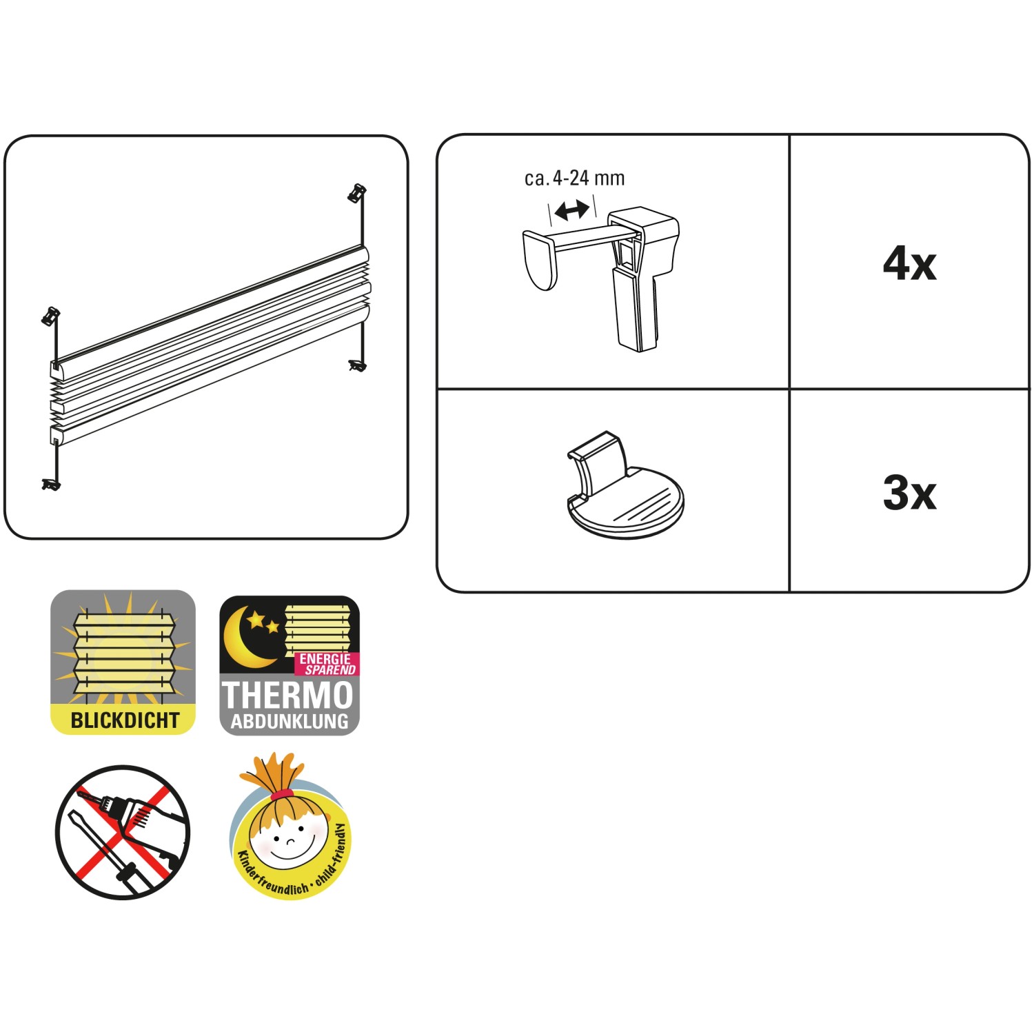 Montage-Details Gardinia Easy Fix Plissee Tag und Nacht Weiß, inklusive Klemmträger und Zubehör.