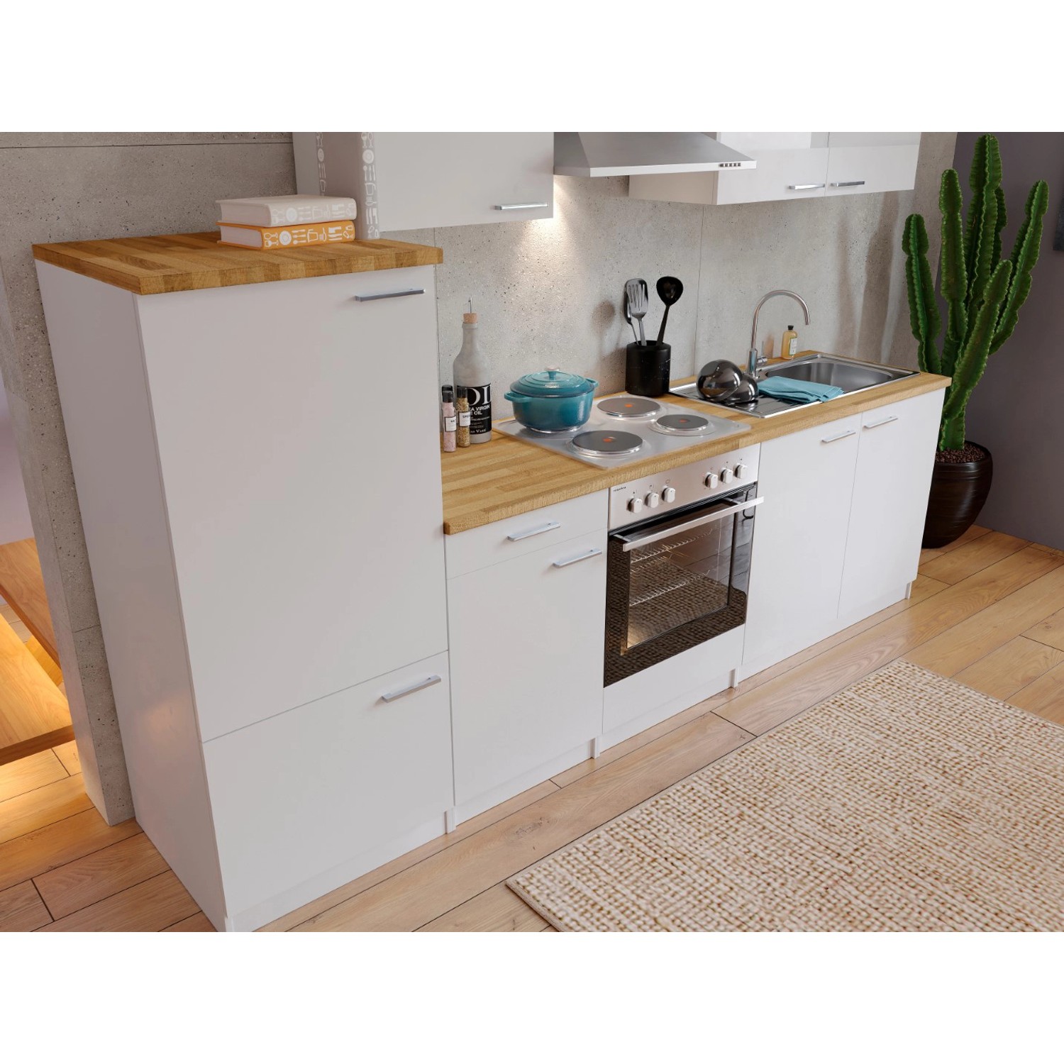 Respekta Küchenzeile KB270WW, 270 cm, Weiß mit Nussbaum Arbeitsplatte und Elektrogeräten.