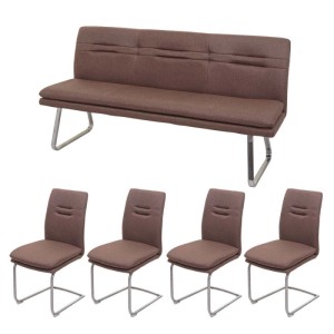 Braunes Esszimmer-Set: Sitzbank und vier Stühle mit Edelstahlgestell.