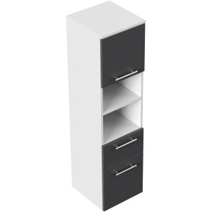 Posseik Bad-Hochschrank VIVA, weiß matt, mit anthrazitfarbenen Schubladen und Tür, 134,5 cm hoch.