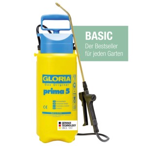 Gloria Drucksprüher Prima 5: Gelber Drucksprüher mit Messinglanze für Garten und Pflanzenpflege.