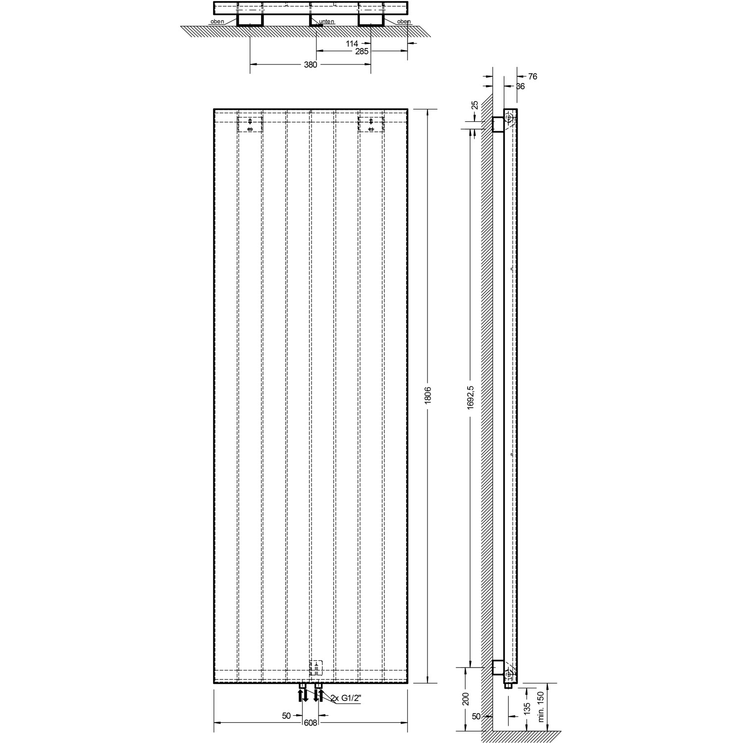 Technische Zeichnung Schulte Design-Heizkörper New York, Reflex Grau, mit Maßen und Anschlüssen.