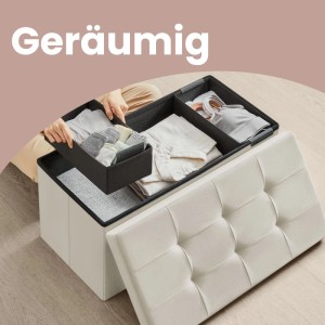 Songmics Sitzbank Minota Creme mit Stauraum und Zusatzboxen, geöffnet.