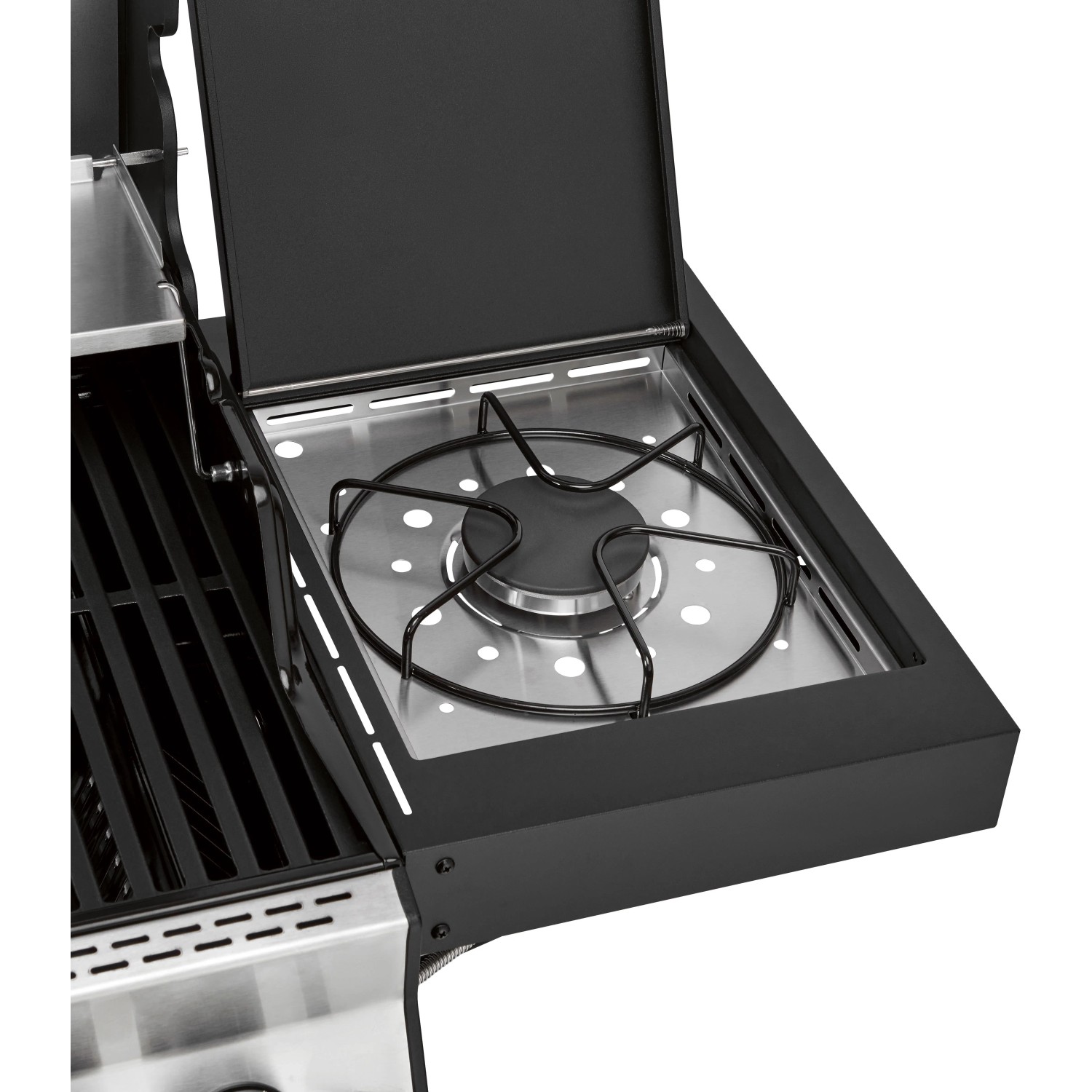 Detailaufnahme: Seitenkocher des Jamestown Kane 6 Gasgrills mit geöffnetem Deckel.