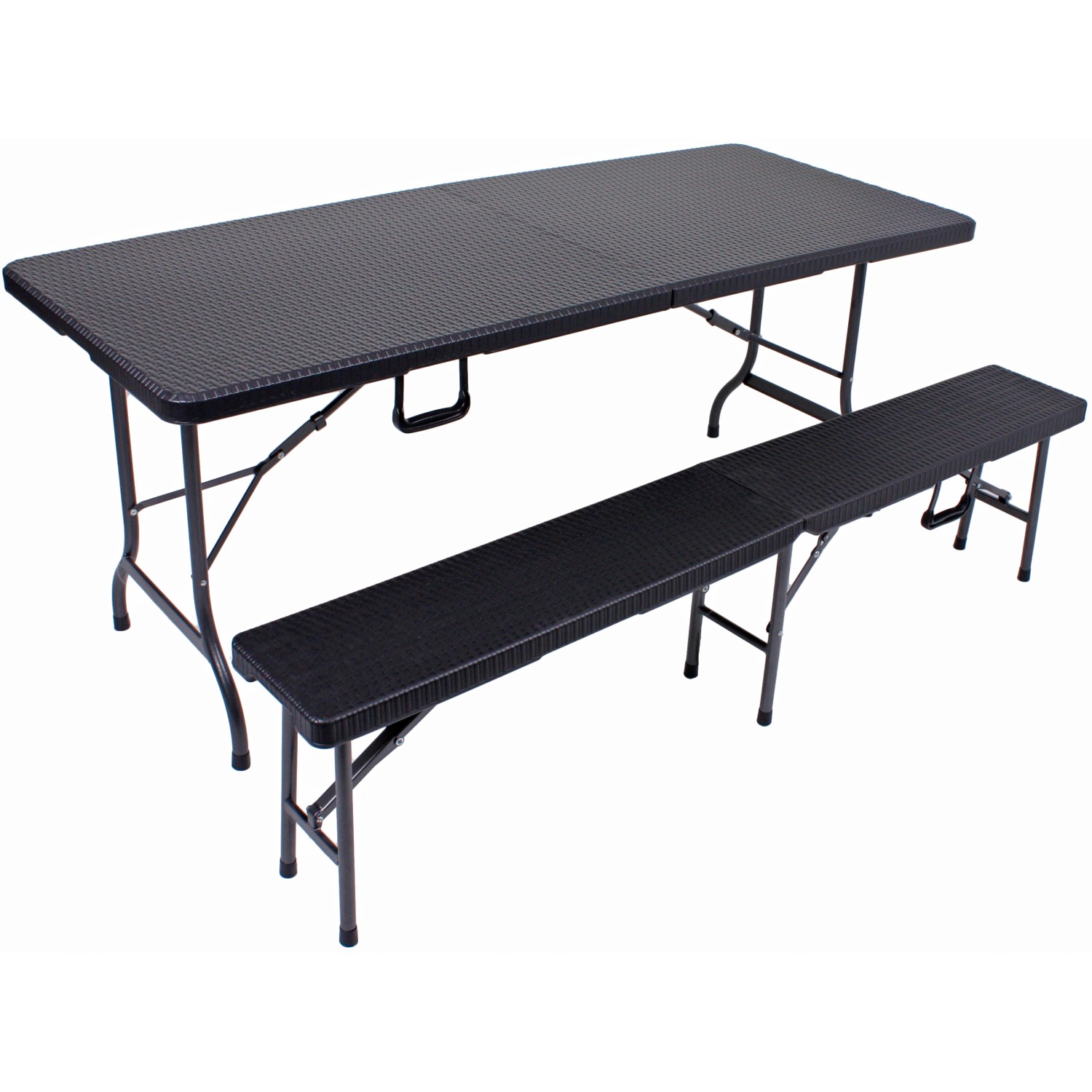 Schwarzes 3-teiliges Balkonmöbel-Set: Tisch und zwei Bänke in Rattanoptik, klappbar.