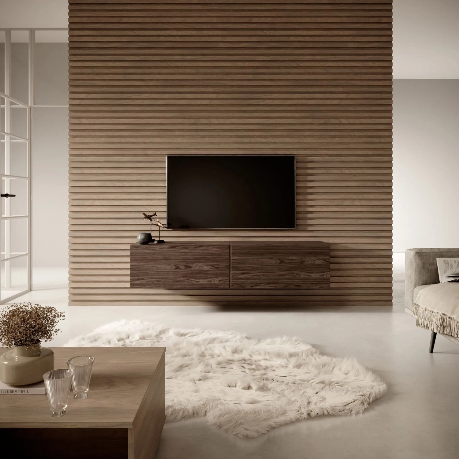Selsey TV-Hängeboard Bisira 140 cm in Nussbaum Holzoptik, grifflos, schwebend im modernen Wohnzimmer.