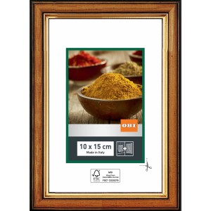 OBI Holz-Wechselrahmen Nuss-Gold, 10x15 cm, mit schmalem, abgerundetem Profil und goldfarbener Innenkante.