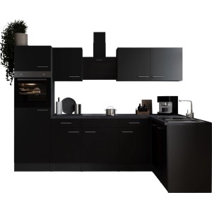 Schwarze Respekta Winkelküche Oliver, 280 cm, mit Elektrogeräten und Arbeitsplatte in Granit Optik.