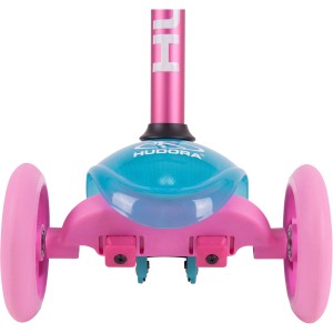 Nahaufnahme des Hudora Flitzkids 2.0 Skate Wonders Rollers in Pink und Türkis mit drei Rädern.